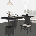 Modern Tea Table and Chairs with Stools Vase and Tea Set in Bright Interior 3d model