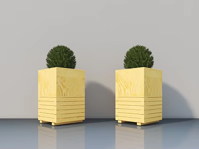 Yellow Wooden Square Planters Holding Green Spherical Potted Plants With Striped Design And Wheels Indoor Decor 3d model