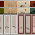 Traditional Chinese Scroll Paintings With Floral Branches And Animal Motifs On Colored Backgrounds