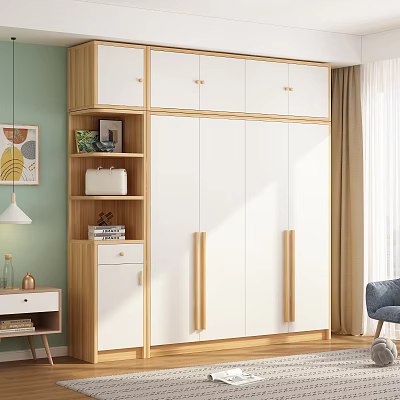 Modern White And Wood Wardrobe Interior With Open Shelves And Storage Drawers 3d model