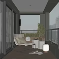 Modern Home Balcony with White Rattan Chair Green Cushion Wooden Floor and City View