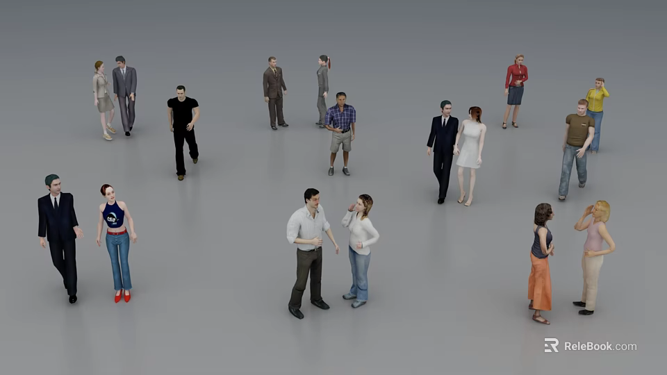 Group of People Interacting And Standing In Various Poses With Diverse Clothing Styles 3d model 