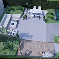 Gray Feature Wall Featuring Circular Design In Outdoor Patio With Sofa Dining Table And Plants