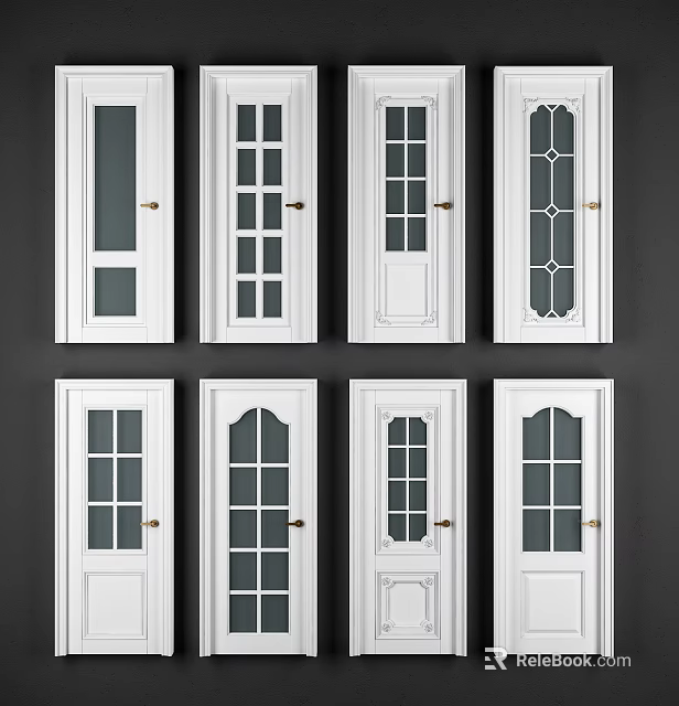 White Hinged Doors With Various Glass Panel Patterns And Golden Handles 3d model