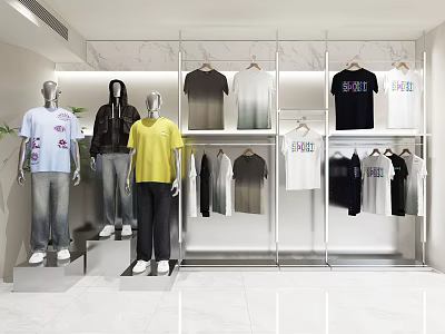 Fashion Mannequins Displaying Stylish T shirts Hoodies And Jeans On Modern Clothing Store Racks 3d model