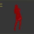 Red Dress Woman Holding Camera Against Grey Background With Pink Heels