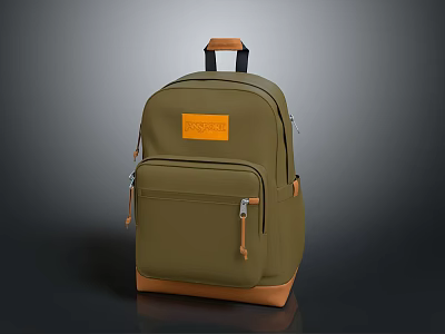 Olive Green Backpack With Brown Bottom Orange Label Zipper Pocket And Handle For Daily Use 3d model