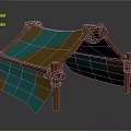 Tent Structure Supported By Wooden Poles With Blue And Yellow Fabric And Rope Ties
