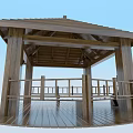 Wooden Canopy with Sloped Roof and Columns and Railing Where Person Sitting Under Blue Sky