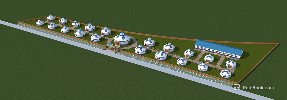 Circular Yurts Neatly Arranged On Green Grassland With Pathway And Parking Area 3d model 