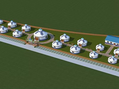 Circular Yurts Neatly Arranged On Green Grassland With Pathway And Parking Area 3d model