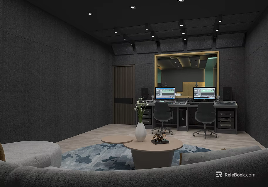 Professional Studio Interior With Gray Walls Control Desk Monitors And Comfortable Seating 3d model 