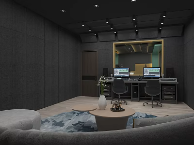 Professional Studio Interior With Gray Walls Control Desk Monitors And Comfortable Seating 3d model
