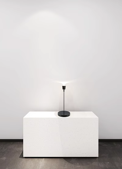 Modern Table Lamp with Black Base and White Shade on White Pedestal in Minimalist Setting 3d model