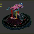 Futuristic Pink And Black Floating Device With Blue Circular Base And Three Red Pillars