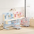 Kids Adjustable Study Desk with Blue and Pink Shelf Storage and Ergonomic Chairs