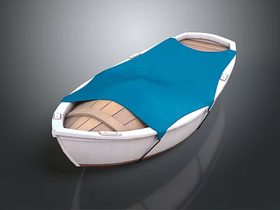 Traditional Wooden Boat Featuring Blue Cover White Hull And Wooden Seats 3d model