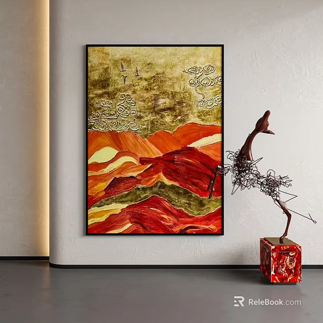 Vibrant Abstract Painting Interior Wall Art With Warm Tones Abstract Landscape And Wire Sculpture Decor 3d model 