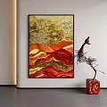 Vibrant Abstract Painting Interior Wall Art With Warm Tones Abstract Landscape And Wire Sculpture Decor