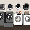 Various Wall mounted and Freestanding Washing Machines in White and Gray with Laundry Detergent