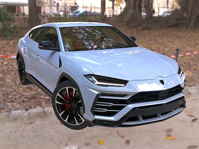 White Lamborghini SUV Sporty Design Black Wheels Red Brake Calipers Outdoor Park Trees Fallen Leaves 3d model