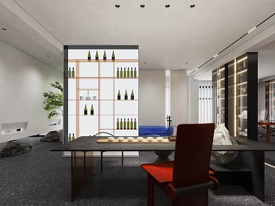 Modern Interior Space With Wine Rack Table Red Chair Green Plants And Stones 3d model