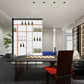 Modern Interior Space With Wine Rack Table Red Chair Green Plants And Stones