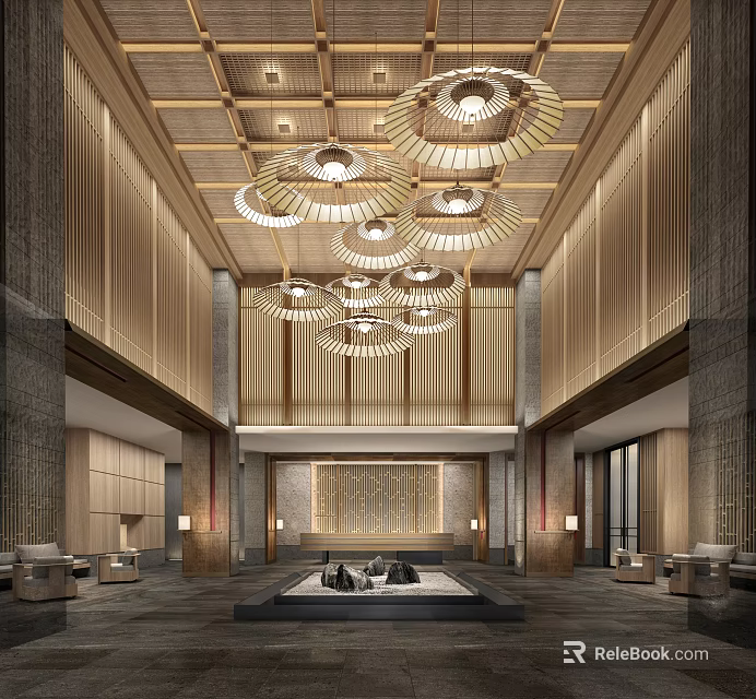 Modern Luxury Hotel Public Lounge Interior With Wooden Ceiling Chandeliers And Comfortable Seating 3d model 