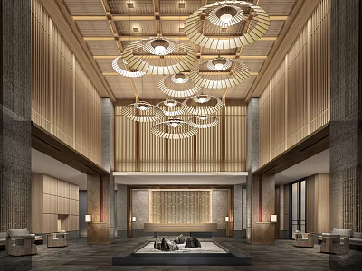 Modern Luxury Hotel Public Lounge Interior With Wooden Ceiling Chandeliers And Comfortable Seating 3d model