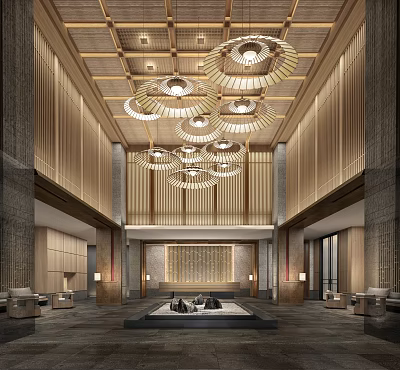 Modern Luxury Hotel Public Lounge Interior With Wooden Ceiling Chandeliers And Comfortable Seating 3d model