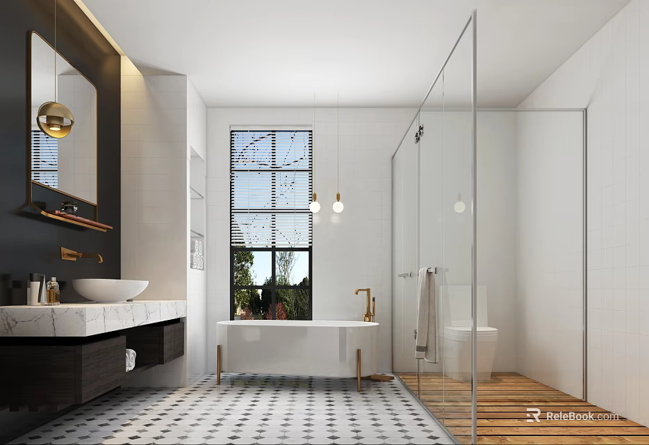 Elegant Modern Bathroom Interior With Glass Shower Black Vanity Gold Faucet And White Tiled Walls 3d model 