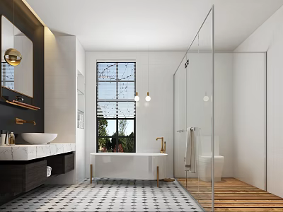 Elegant Modern Bathroom Interior With Glass Shower Black Vanity Gold Faucet And White Tiled Walls 3d model