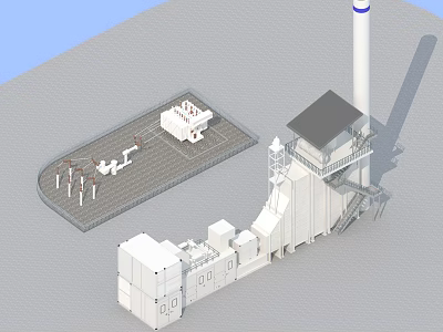 Industrial Equipment Featuring Tall Blue White Striped Chimney Electrical Devices And Platform Structure Layout 3d model