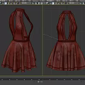 Red Halter Neck Backless Dress with Pleated Skirt and Black Lace Trim Design
