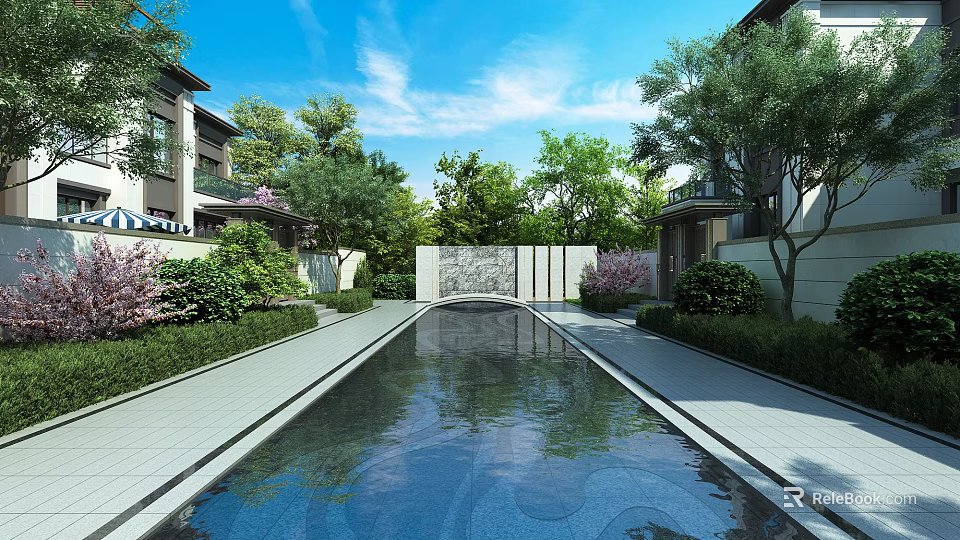 Serene Garden Landscape With Reflective Pool Lush Green Plants Trees And White Buildings 3d model 