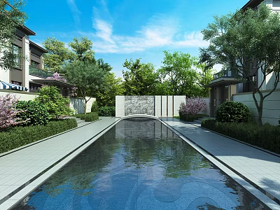 Serene Garden Landscape With Reflective Pool Lush Green Plants Trees And White Buildings 3d model