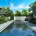 Serene Garden Landscape With Reflective Pool Lush Green Plants Trees And White Buildings