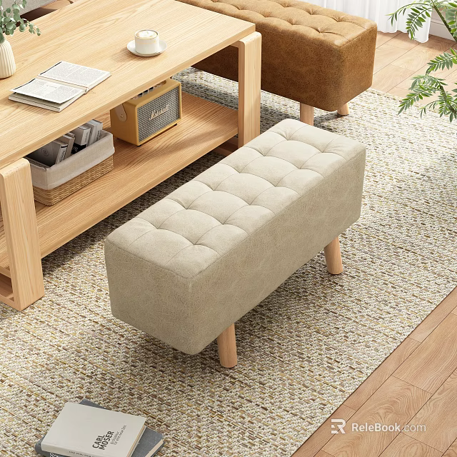 Beige Tufted Upholstered Bench With Wooden Legs In Living Room Carpeted Floor 3d model 