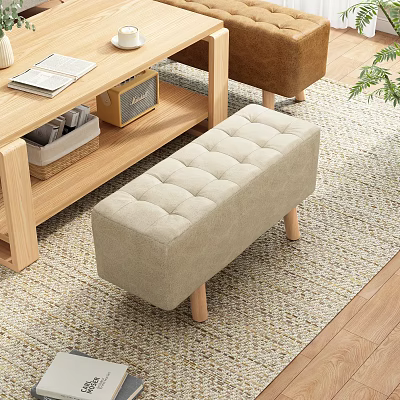 Beige Tufted Upholstered Bench With Wooden Legs In Living Room Carpeted Floor 3d model