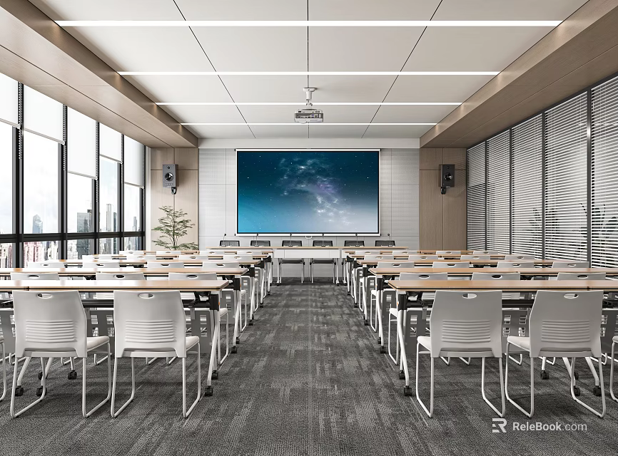 Modern Conference Room Interior With Large Windows Projector Screen Long Tables And Gray Carpet 3d model 