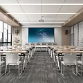 Modern Conference Room Interior With Large Windows Projector Screen Long Tables And Gray Carpet