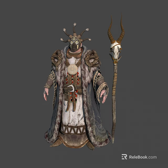 Traditional Shaman Figure in Ornate Robes with Horned Mask and Skull Staff 3d model 