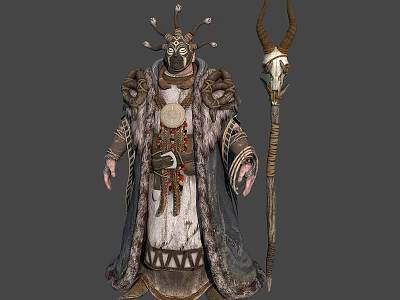 Traditional Shaman Figure in Ornate Robes with Horned Mask and Skull Staff 3d model