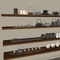 Traditional Tea Sets Display on Multiple Wooden Shelves with Teapots Cups and Decorative Items