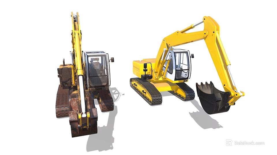 Yellow Tracked Excavators Old And New Models With Heavy Duty Buckets 3d model 
