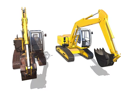 Yellow Tracked Excavators Old And New Models With Heavy Duty Buckets 3d model
