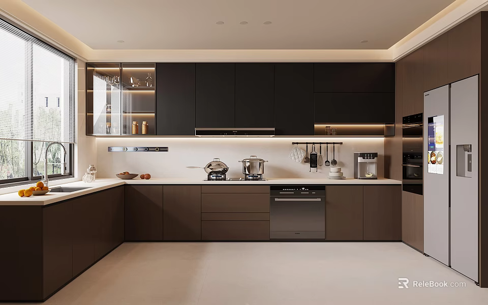 Modern Dark Kitchen Interior With Sleek Cabinets Countertop Appliances And Lighting 3d model 
