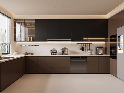 Modern Dark Kitchen Interior With Sleek Cabinets Countertop Appliances And Lighting 3d model