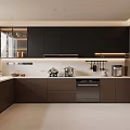 Modern Dark Kitchen Interior With Sleek Cabinets Countertop Appliances And Lighting