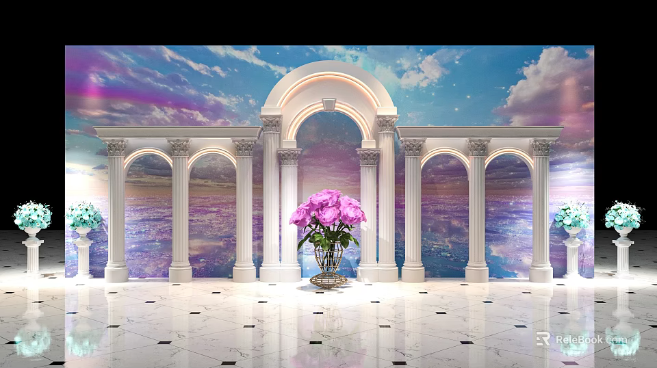 Beautiful Photo Spot With White Arched Columns Pink Flowers And Blue Sky Background 3d model 